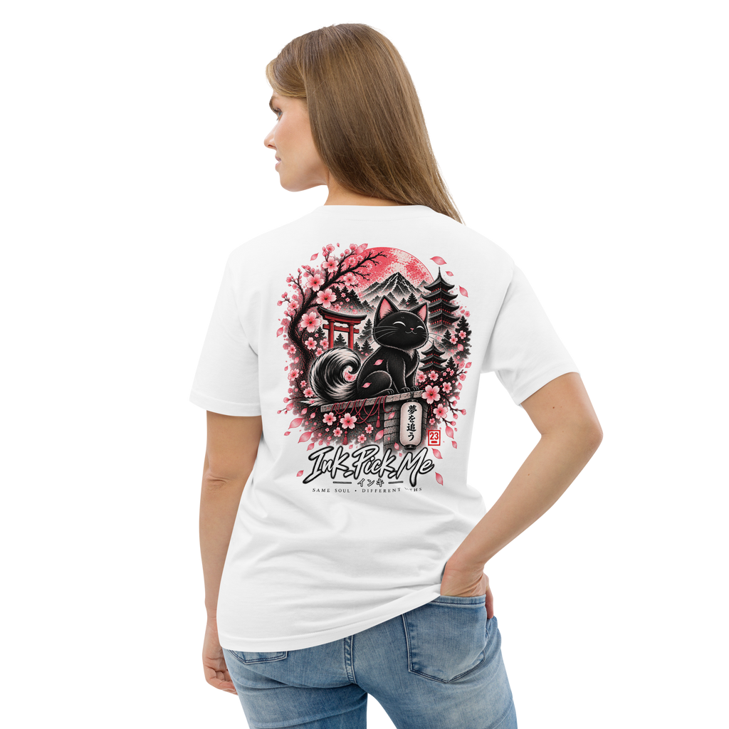 White t-shirt featuring a colorful Japanese-style graphic of a black cat, cherry blossoms, and mountains on the back.