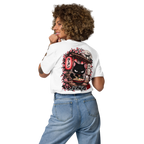 White t-shirt featuring a graphic of a black cat in a ramen shop, surrounded by cherry blossoms and Japanese text.