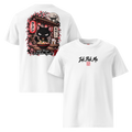 White t-shirt featuring a black cat graphic holding ramen, with cherry blossoms and Japanese text on the back.
