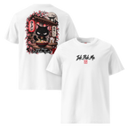 White t-shirt featuring a black cat graphic holding ramen, with cherry blossoms and Japanese text on the back.