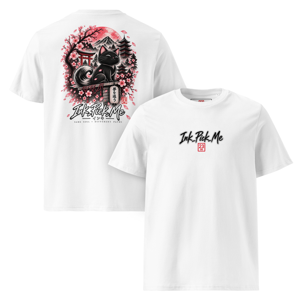 White unisex t-shirt featuring a graphic print of a black cat among cherry blossoms and a Japanese landscape on the back.