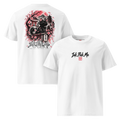 White unisex t-shirt featuring a graphic print of a black cat among cherry blossoms and a Japanese landscape on the back.