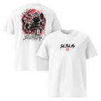 White unisex t-shirt featuring a graphic print of a black cat among cherry blossoms and a Japanese landscape on the back.
