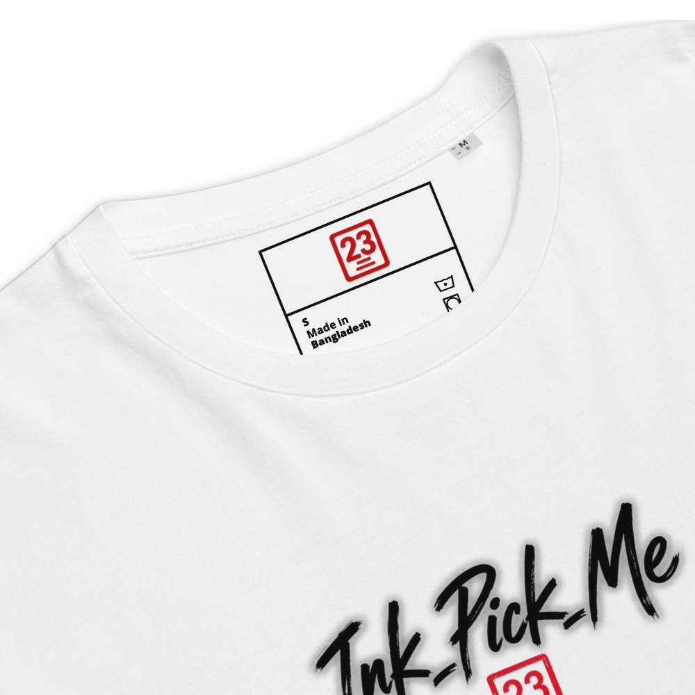 White t-shirt featuring the text "Ink-Pick-Me" in a bold, artistic font, with a care label visible near the collar.