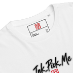 White t-shirt featuring the text "Ink-Pick-Me" in a bold, artistic font, with a care label visible near the collar.